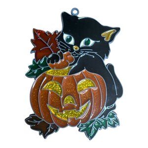 Halloween Suncatcher Black Cat Pumpkin Resin Lead Framed Vintage Fall Autumn
